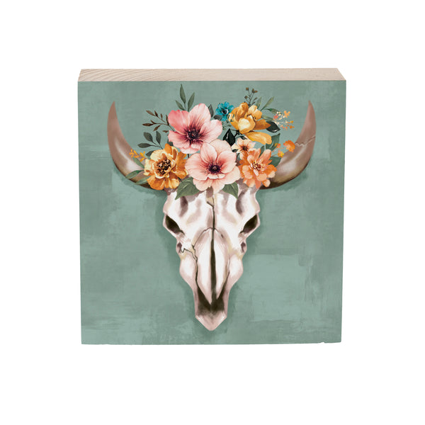 Plow & Hearth Southwest Pueblo Sign Wood Block Steer Skull 6"x6"