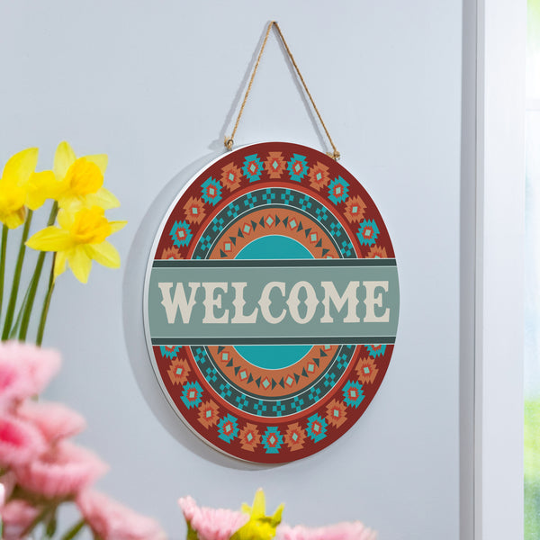 Plow & Hearth Southwest Pueblo Wood Door Décor Aztec "Welcome" 18"
