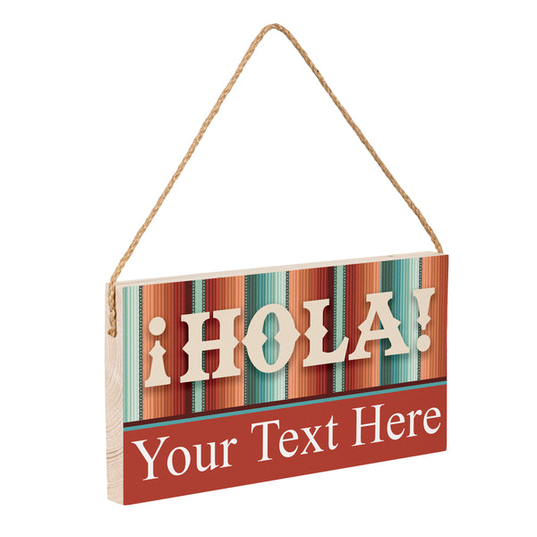 Plow & Hearth Southwest Pueblo Wood Hanging Sign W/ Rope "Hola" With Personalization 11"x6"