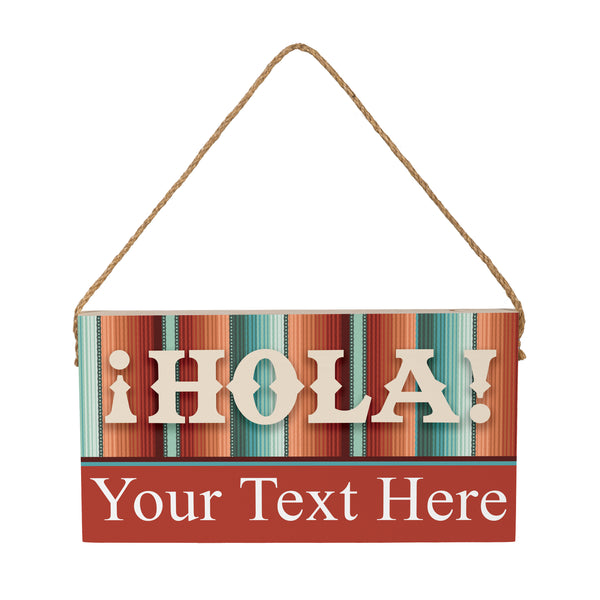 Plow & Hearth Southwest Pueblo Wood Hanging Sign W/ Rope "Hola" With Personalization 11"x6"