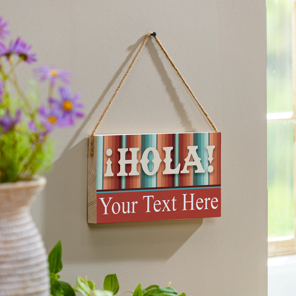 plow & hearth Southwest Pueblo Wood Hanging Sign w/ Rope "Hola" With Personalization 11"x6"