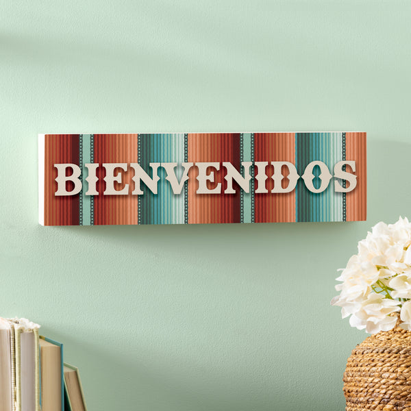 Plow & Hearth Southwest Pueblo Wood Mantle Sign Serape Stripe "Bienvenidos" 18"x5"