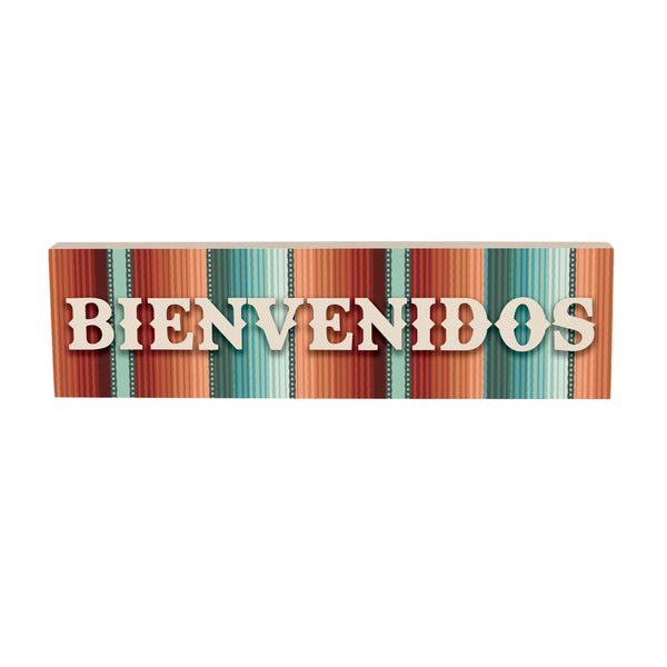 Plow & Hearth Southwest Pueblo Wood Mantle Sign Serape Stripe "Bienvenidos" 18"x5"