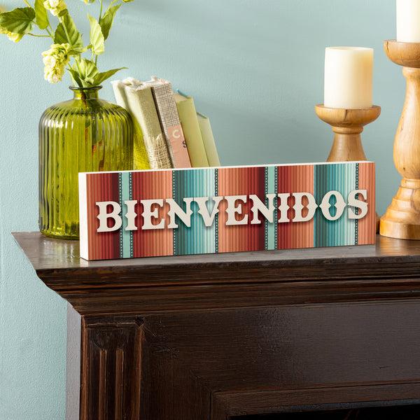 plow & hearth Southwest Pueblo Wood Mantle Sign Serape Stripe "Bienvenidos" 18"x5"