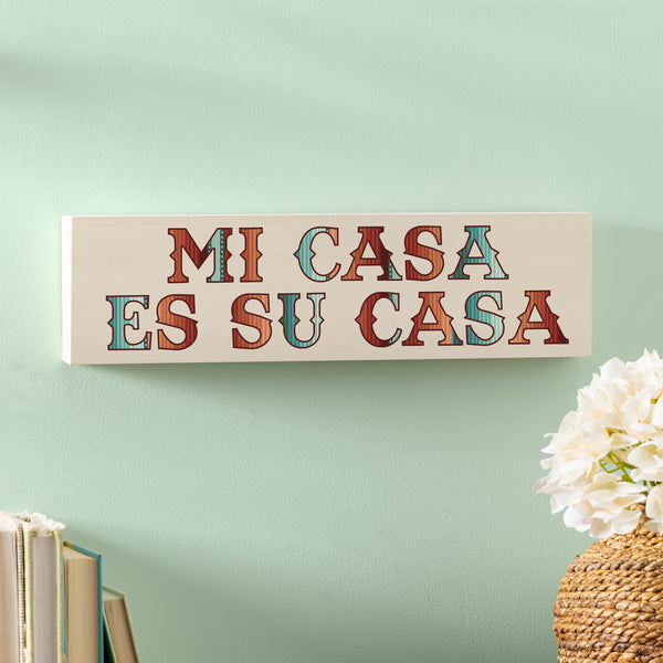 Plow & Hearth Southwest Pueblo Wood Mantle Sign Serape Stripe "Mi Casa Es Su Casa" 18"x5"