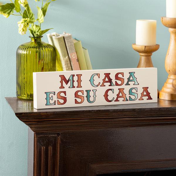 plow & hearth Southwest Pueblo Wood Mantle Sign Serape Stripe "Mi Casa Es Su Casa" 18"x5"