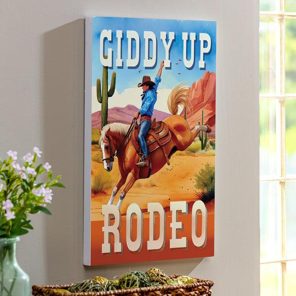 plow & hearth Southwest Rodeo Indoor Wall Décor Wood Cowboy Giddy Up 24"x16"