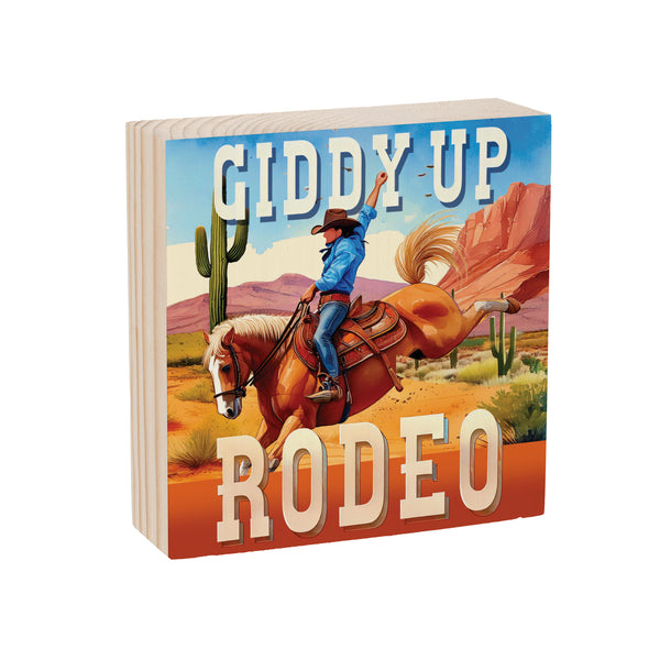 Plow & Hearth Southwest Rodeo Sign Wood Block Cowboy Giddy Up 6"x6"