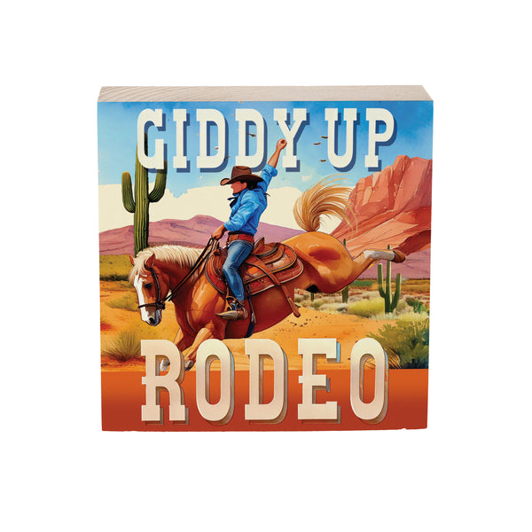 Plow & Hearth Southwest Rodeo Sign Wood Block Cowboy Giddy Up 6"x6"
