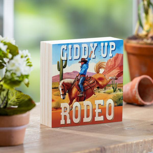 plow & hearth Southwest Rodeo Sign Wood Block Cowboy Giddy Up 6"x6"