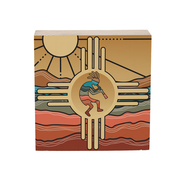 Plow & Hearth Southwest Sunrise Sign Wood Block Kokopelli Zia 6"x6"