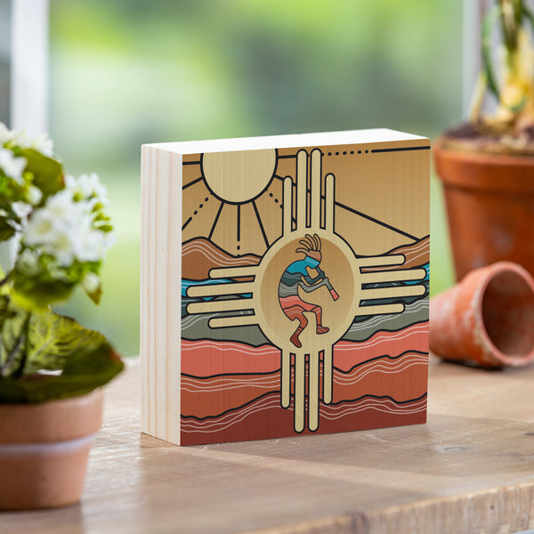 plow & hearth Southwest Sunrise Sign Wood Block Kokopelli Zia 6"x6"
