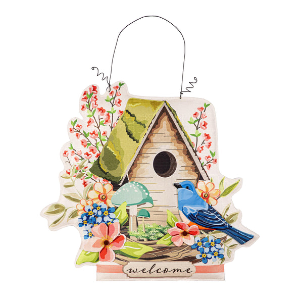 Plow & Hearth Spring Birdhouse Welcome/Easter Bunny With Floral Double Sided Estate Door Décor