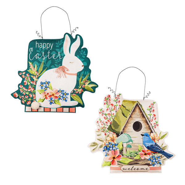 plow & hearth Spring Birdhouse Welcome/Easter Bunny with Floral Double Sided Estate Door Décor