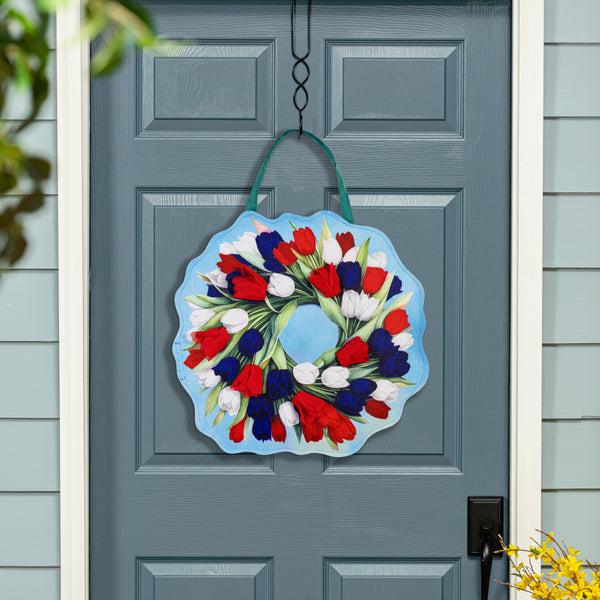 Plow & Hearth Spring Pink & Patriotic Tulips Wreath Reversible Door Decor