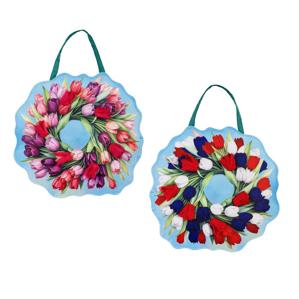 Plow & Hearth Spring Pink & Patriotic Tulips Wreath Reversible Door Decor