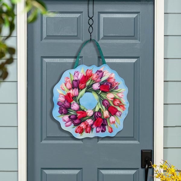 plow & hearth Spring Pink & Patriotic Tulips Wreath Reversible Door Decor