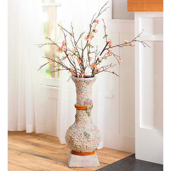 plow & hearth Stacked Faux Rock Non-Watertight Vase with Base and Floral Rope Accent