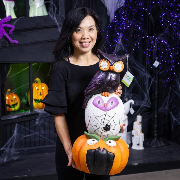 Plow & Hearth Stacked Owl And Jack O'Lantern Pumpkin LED Statue 24"H