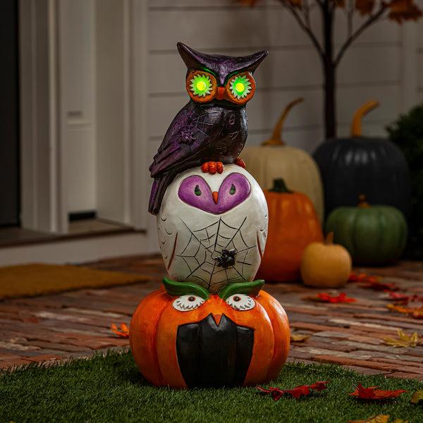 plow & hearth Stacked Owl and Jack O'Lantern Pumpkin LED Statue 24"H