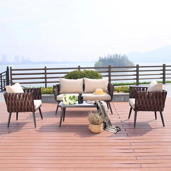 plow & hearth Steel Frame Wicker Sofa Set with Cushions 4-Piece