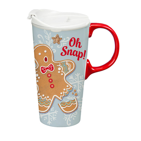 Plow & Hearth Sugar & Stripes Bright Gingerbread Travel Cup Ceramic Perfect Cup Gingerbread 17oz Gift Box