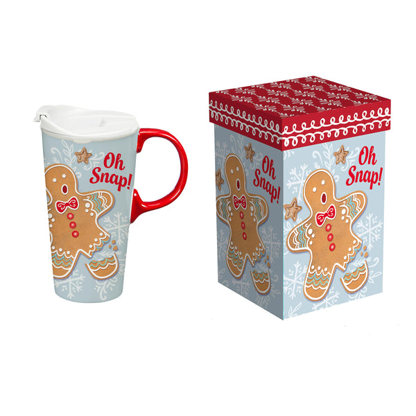 plow & hearth Sugar & Stripes Bright Gingerbread Travel Cup Ceramic Perfect Cup Gingerbread 17oz Gift Box