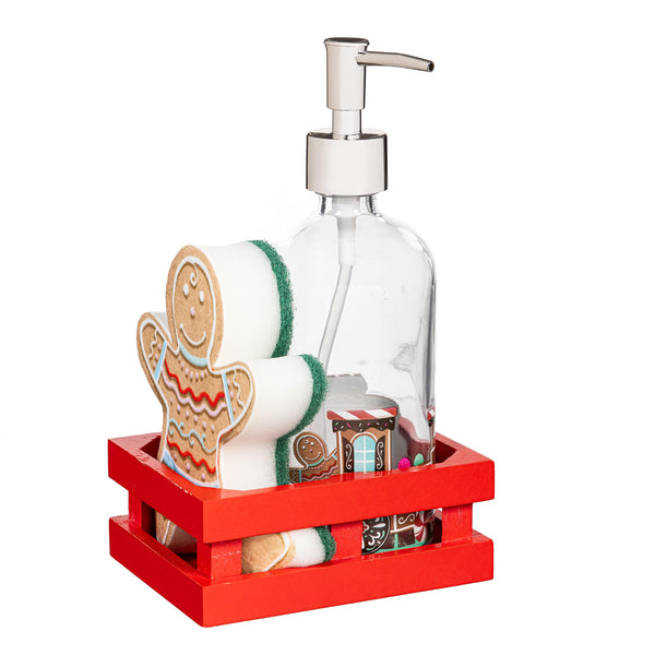 plow & hearth Sugar & Stripes Bright Kitchen Gift Set Glass Soap Dispenser and Sponge with Wood Crate Set