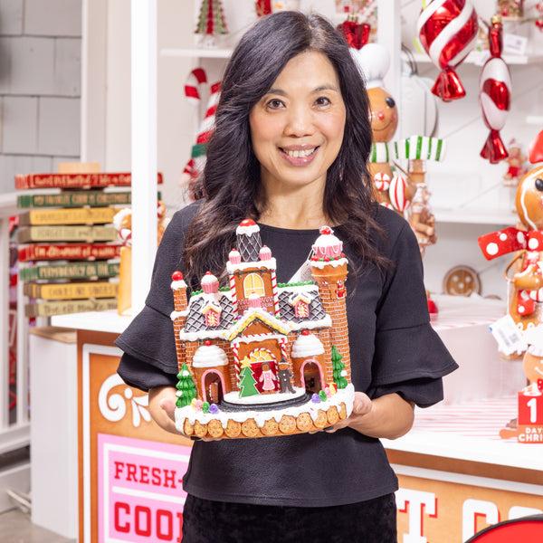 Plow & Hearth Sugar & Stripes Bright LED Table Decor Resin Gingerbread House And Train Motion And Music 11.25"H