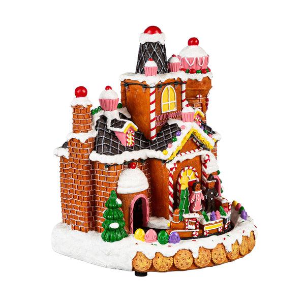 Plow & Hearth Sugar & Stripes Bright LED Table Decor Resin Gingerbread House And Train Motion And Music 11.25"H