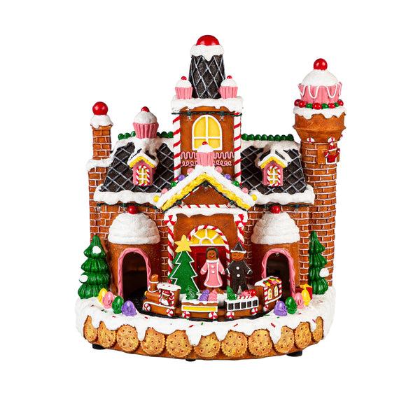 Plow & Hearth Sugar & Stripes Bright LED Table Decor Resin Gingerbread House And Train Motion And Music 11.25"H