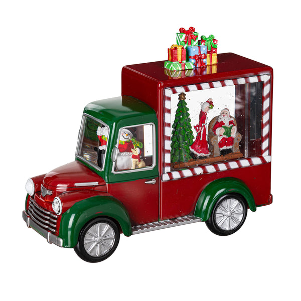 Plow & Hearth Sugar & Stripes Bright LED Table Decor Santa And Mrs. Claus In Truck Plastic Water Lantern 9.5"L