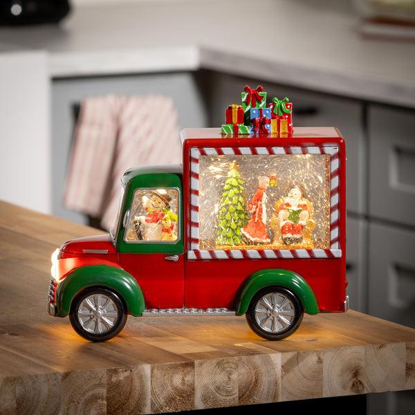 plow & hearth Sugar & Stripes Bright LED Table Decor Santa and Mrs. Claus in Truck Plastic Water Lantern 9.5"L