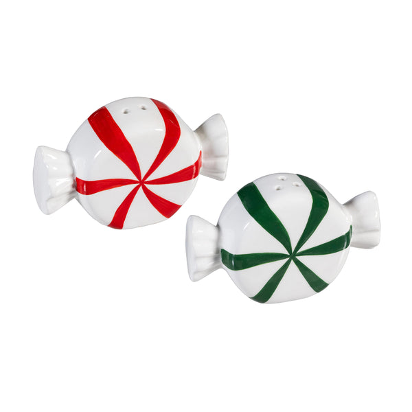 Plow & Hearth Sugar & Stripes Bright Salt & Pepper Shakers Ceramic Peppermint Candy Set
