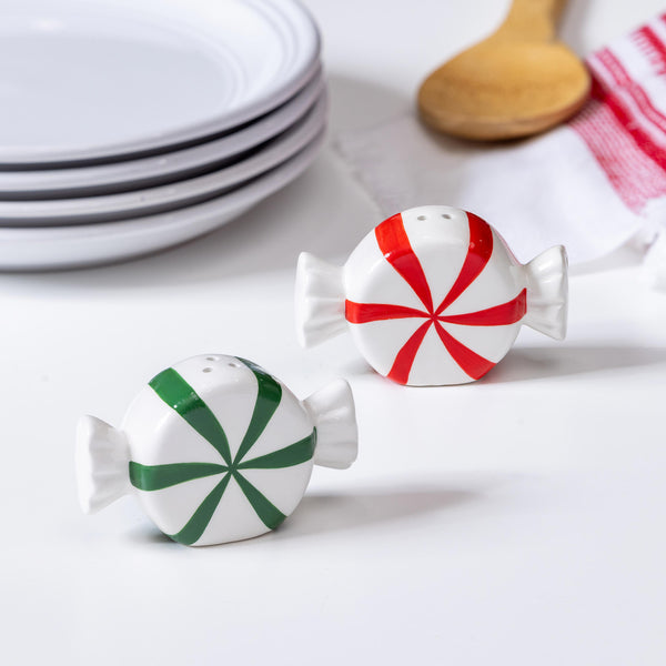 plow & hearth Sugar & Stripes Bright Salt & Pepper Shakers Ceramic Peppermint Candy Set