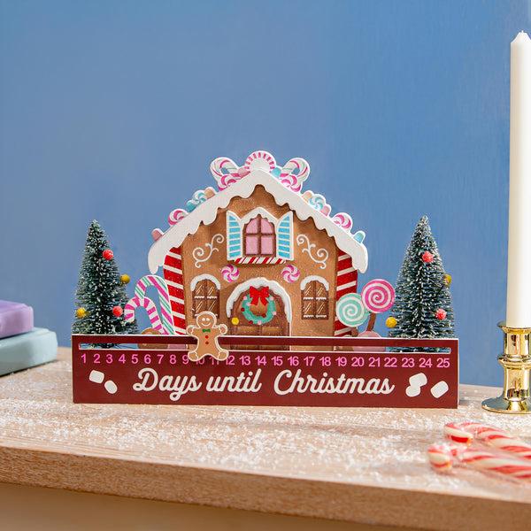 Plow & Hearth Sugar & Stripes Bright Table Décor Gingerbread House Christmas Countdown Wood 13"L