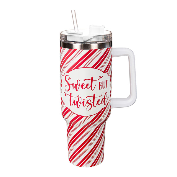 plow & hearth Sugar & Stripes Bright Tumbler Stainless-Steel Canyon Cup w/ Straw Sweet But Twisted 40oz Gift Box