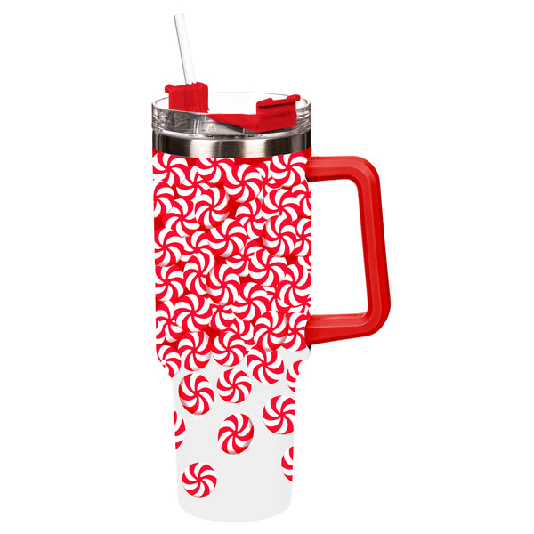 plow & hearth Sugar & Stripes Bright Tumbler Stainless-Steel Trenta Cup w/ Straw Peppermints 30oz Gift Box