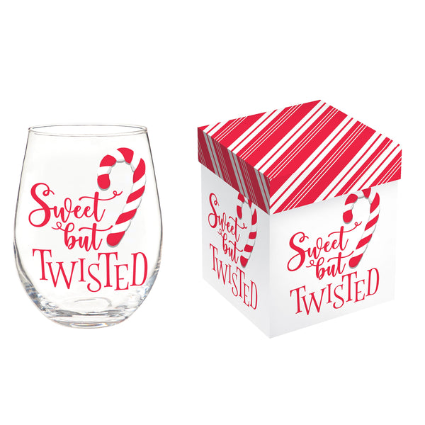 Plow & Hearth Sugar & Stripes Bright Wine Glass Stemless Glass Sweet But Twisted 17oz Gift Box