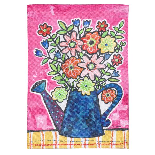 Plow & Hearth Summer Flowers Watering Can Burlap Garden Flag