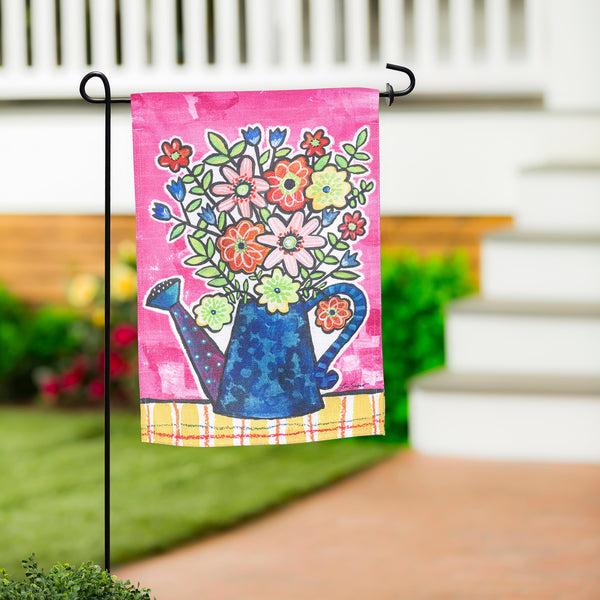 plow & hearth Summer Flowers Watering Can Burlap Garden Flag