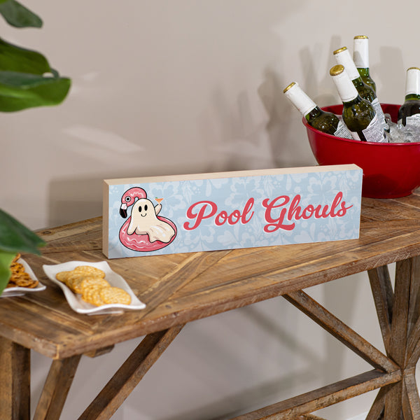 plow & hearth Summerween Pool Ghost Table Decor Wood Mantle Sign Wine 18"L x 5"H