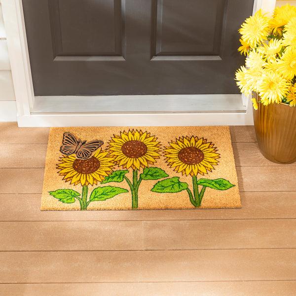 plow & hearth Sunflower Field Coir Mat with Rubber Embossed Butterfly