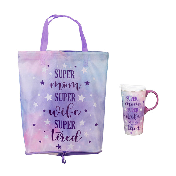 Plow & Hearth Super Mom Super Wife Super Tired Ceramic Perfect Cup And Compact Tote Giftset 17oz Gift Box