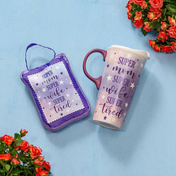 plow & hearth Super Mom Super Wife Super Tired Ceramic Perfect Cup and Compact Tote Giftset 17oz Gift Box