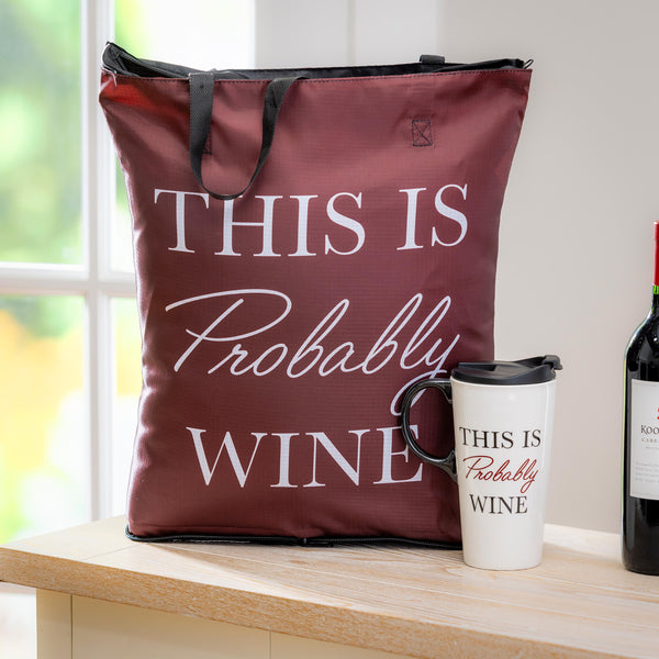 plow & hearth This Is Probably Wine Ceramic Perfect Cup and Compact Tote Giftset 17oz Gift Box