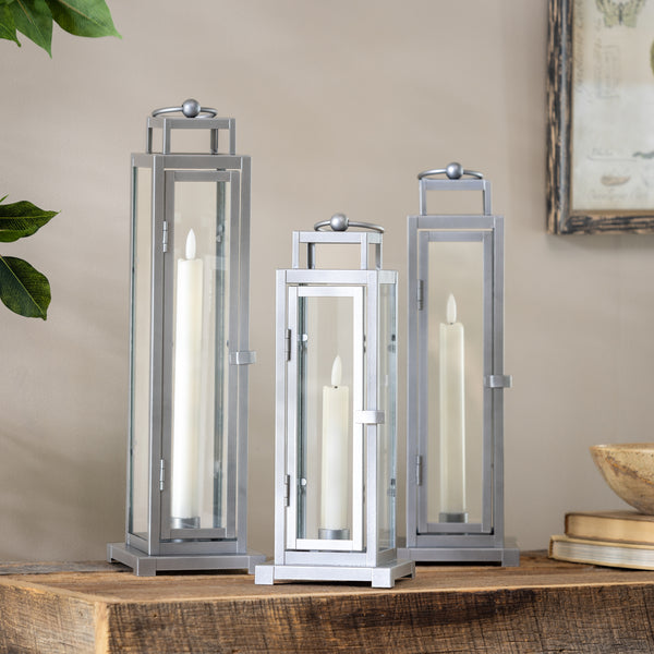 Plow & Hearth Tower Lantern LED Tapered Set Of 3 With Gray Finish