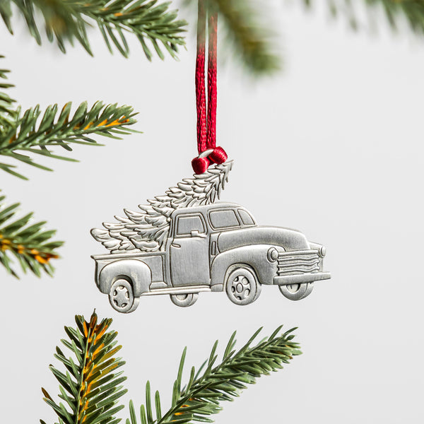 plow & hearth Truck with Tree Solid Pewter Christmas Ornament