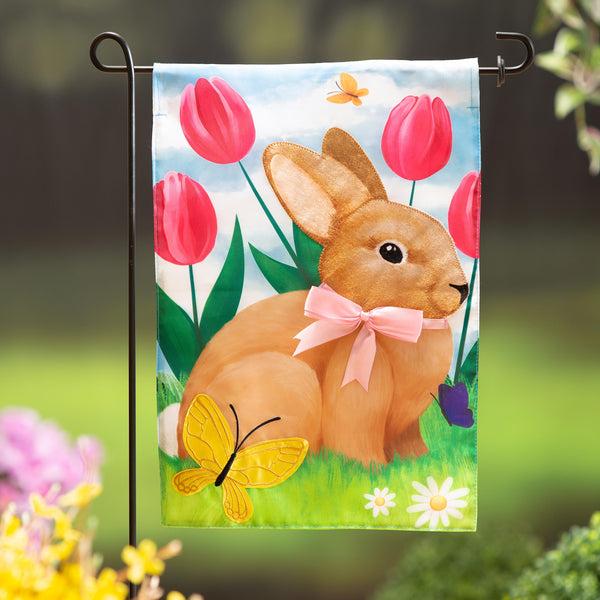 plow & hearth Tulips and Bunny Friend Applique Garden Flag