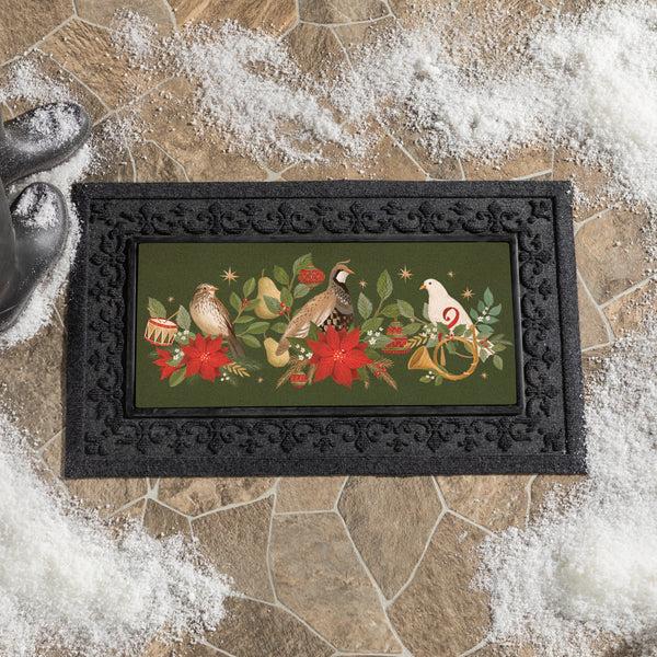 plow & hearth Twas The Night Flocked Coir Sassafras Switch Mat Partridge Bird Goose 22"x10"